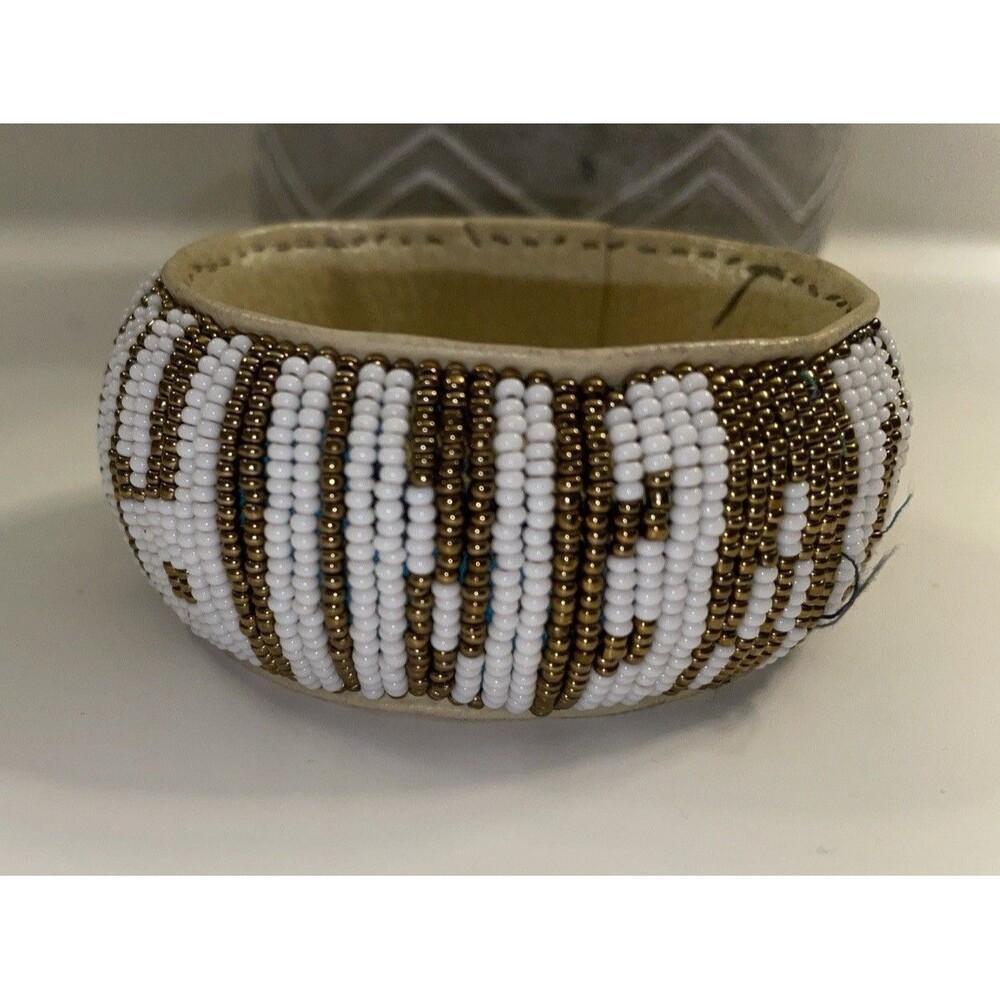 Handmade Maasai Beaded Bangle - White & Gold Tribal Cuff Chunky Boho Bracelet